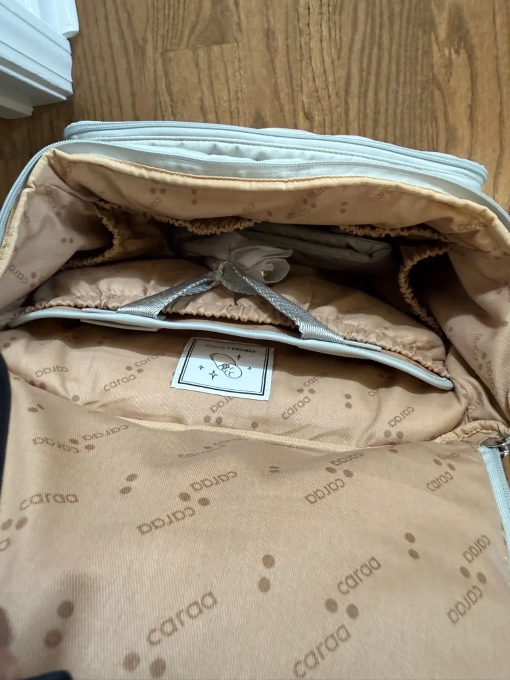 caraa Light Gray Quilted Baby Bag with Orange Floral Embroidery
